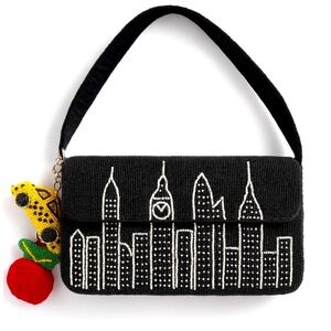 NYC skyline Black Beaded Handbag taxi & apple charms- evening shoulder bag